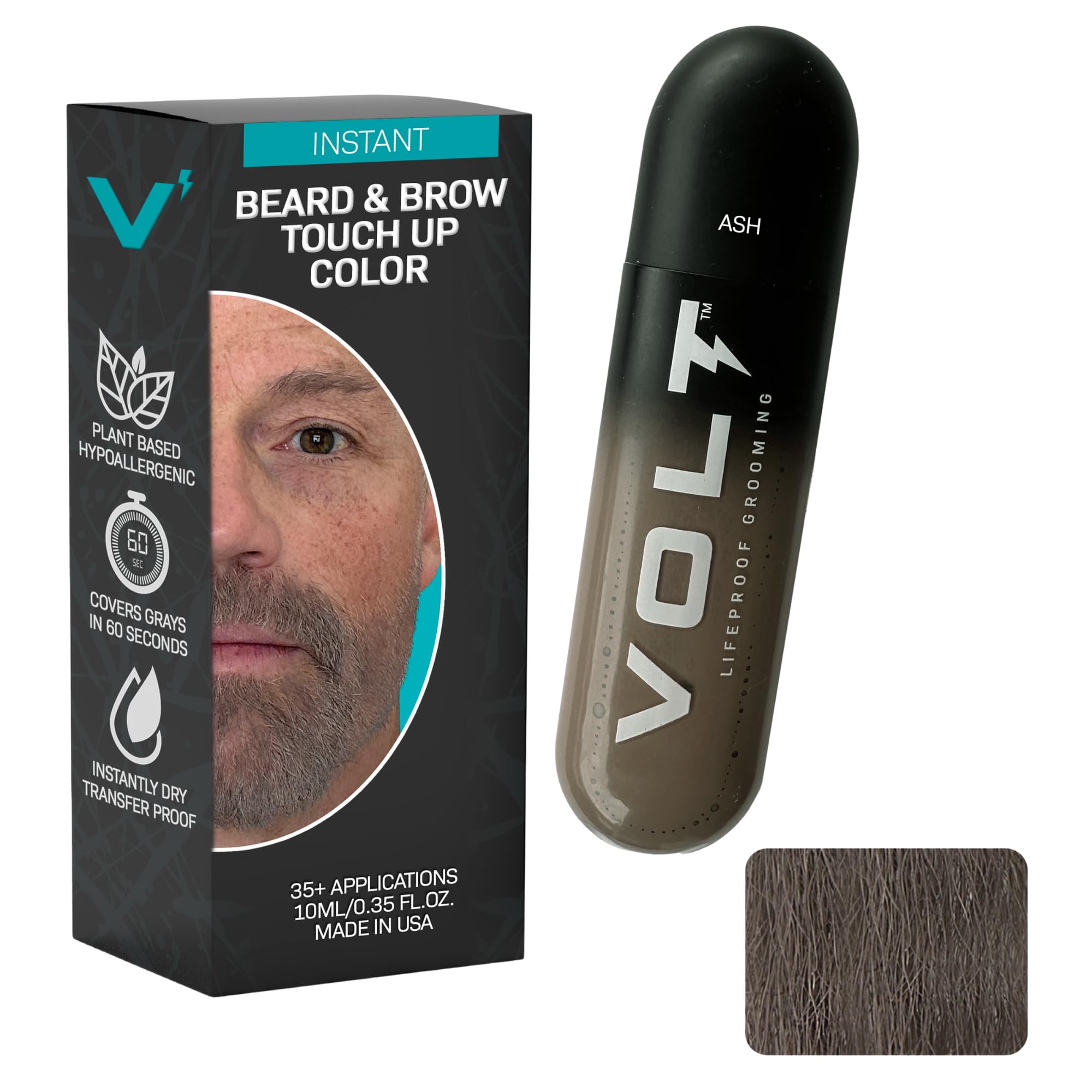 VOLT Grooming Temporary Instant Beard Color for Men, Quick Drying Plant-Based Brush On Beard, Hair, Mustache & Eyebrow Color, Safe for Sensitive Skin, Ash Gray Brown, 1 Pack, Up to 35 Applications