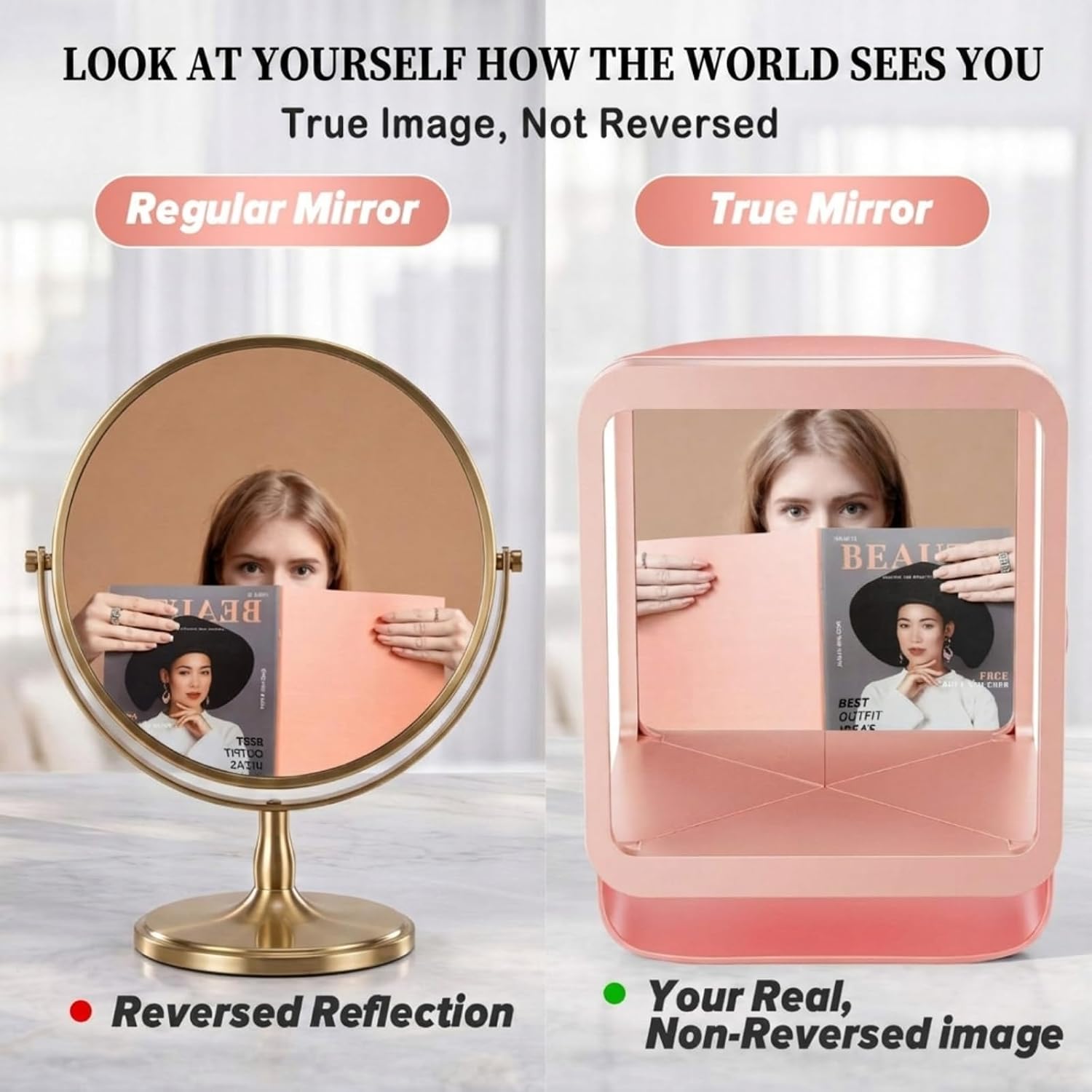 Novabright Pink True Non-reversing Mirror, True Reflection for Makeup
