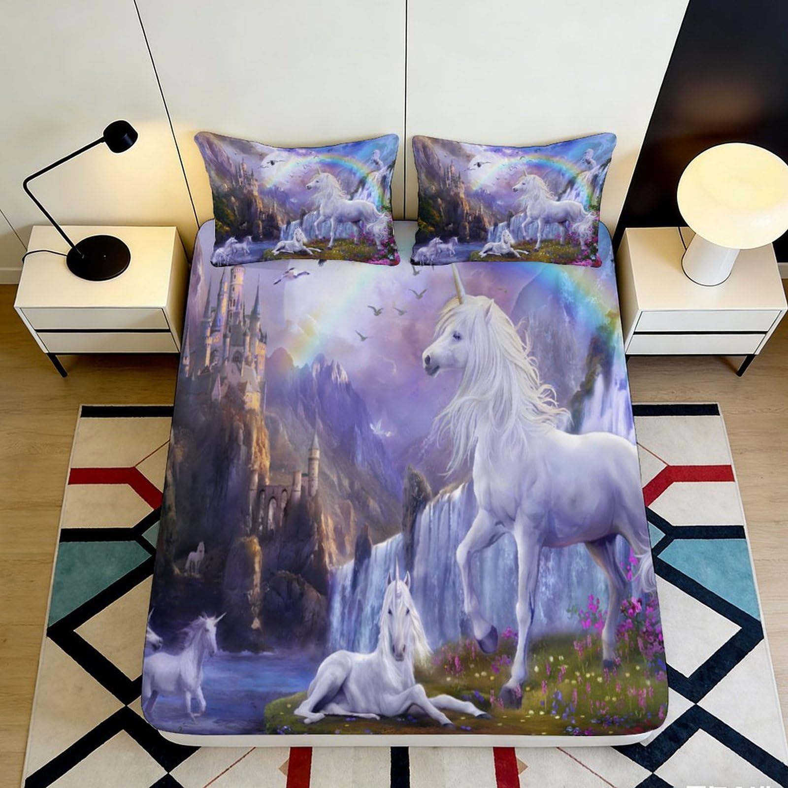 3D Printed Magical Unicorn Castle Fitted Sheet Microfiber Soft Bed Cover Waterfall Rainbow for Bedroom Guest Room Decor 90x200x25cm