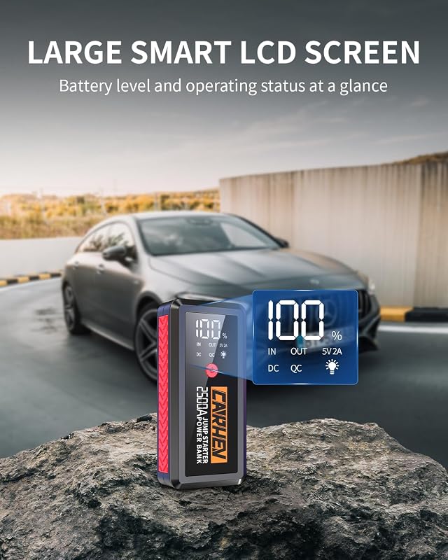 CARHEV JS-02 Autós Indításrásegítő Powerbank 2500A, 21800mAh - 8.0L Benzin/Dízel Motorokhoz, LED Lámpával, USB Gyorstöltéssel, IP65 Védelem