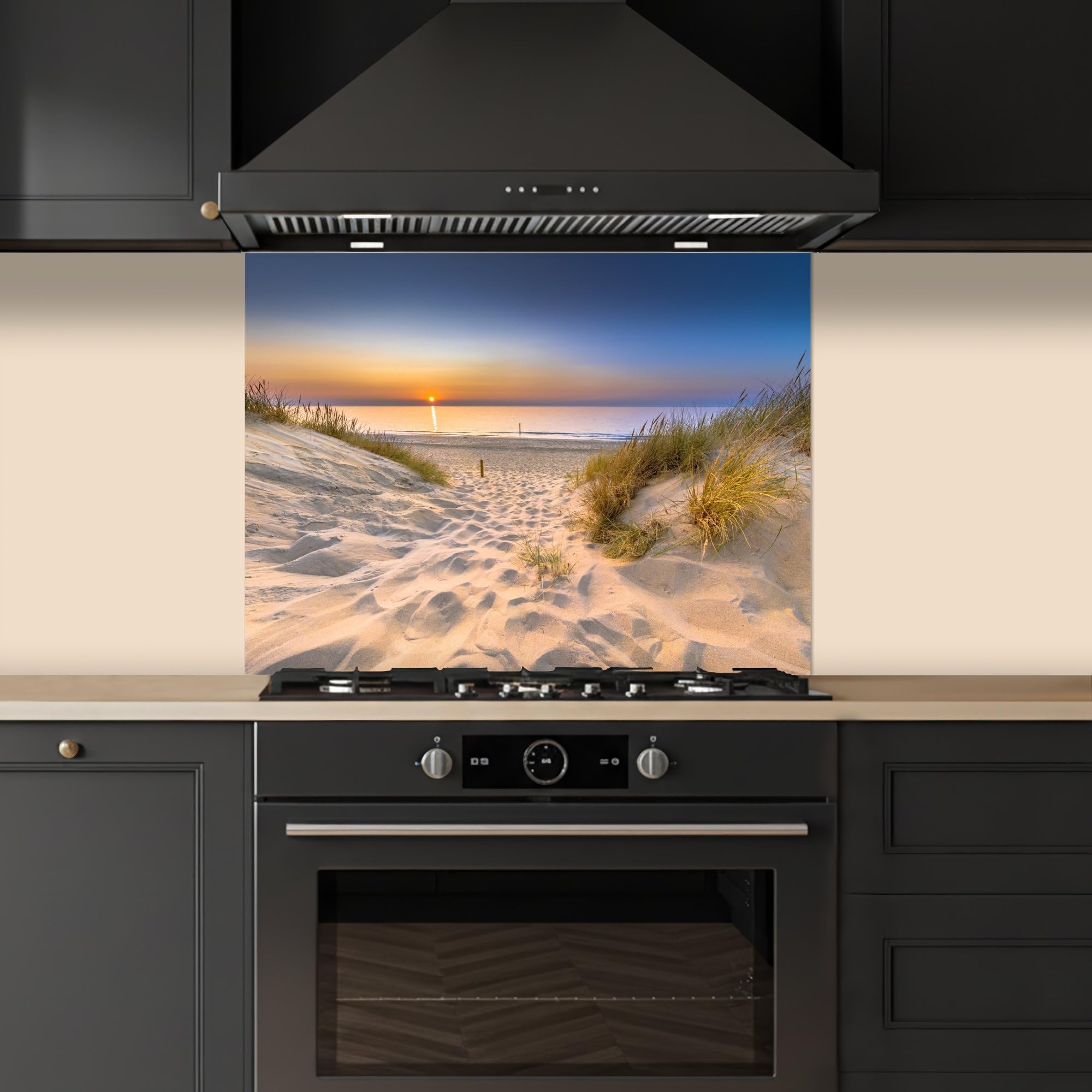 KitchenYeah© Credence Cuisine 50x70 cm Adhesif Protection Mur Plaque De Cuisson Plastique Rigide Revetement Murale À Coller Dune - Coucher soleil - Horizon - Plage - Herbe