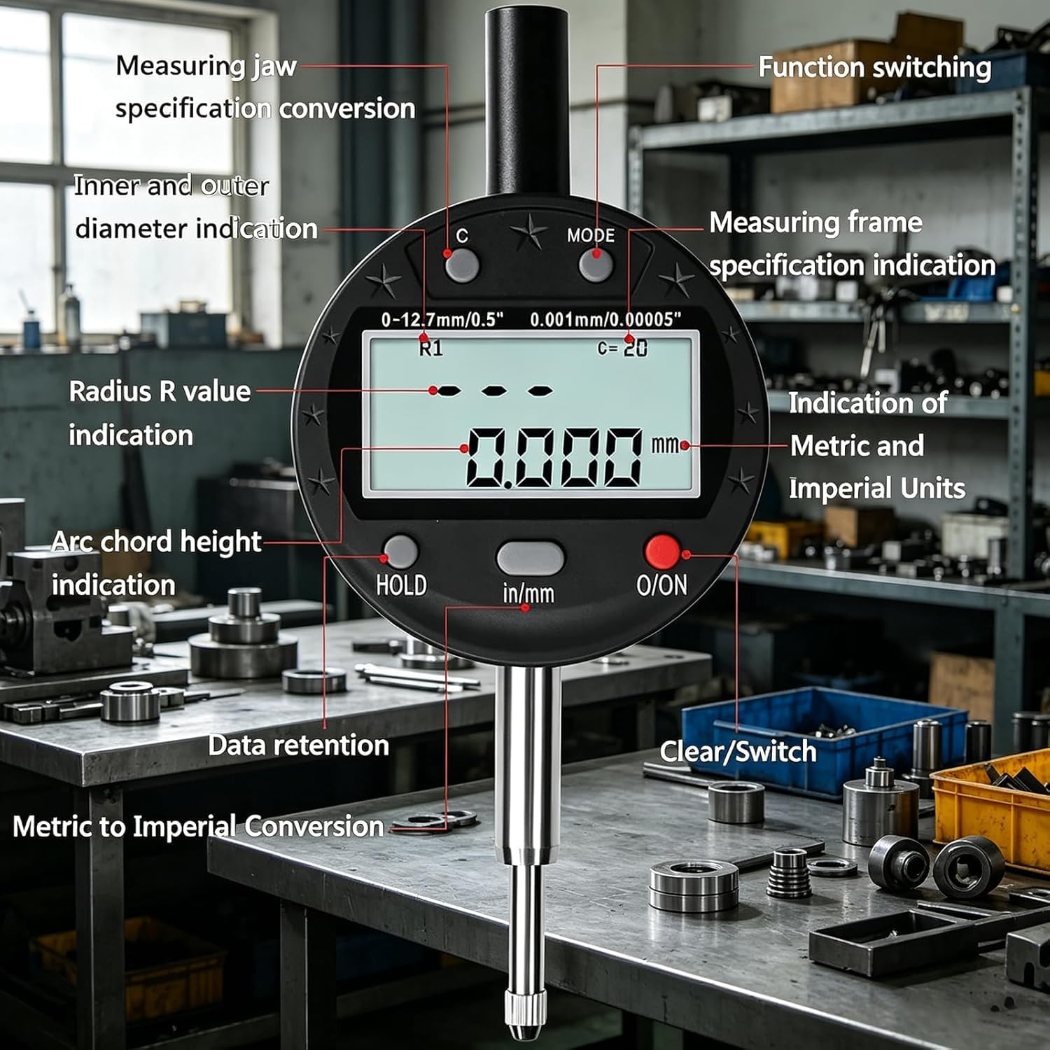 Radiuslehre mit hoher Genauigkeit, Multifunktions-Digital-Radiusmessgerät mit 5 Messkrallen 10mm/20mm/30mm/60mm/100mm, Testbereich 0-12,7mm, Radius 5-700mm, für mechanische Teile