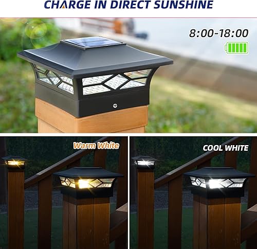 Miniatura 4 de APONUO Luces solares para postes de valla, 2 modos de color, 10 luces LED solares para postes de cubierta de madera de 4 x 4, 6 x 6 pulgadas, luces