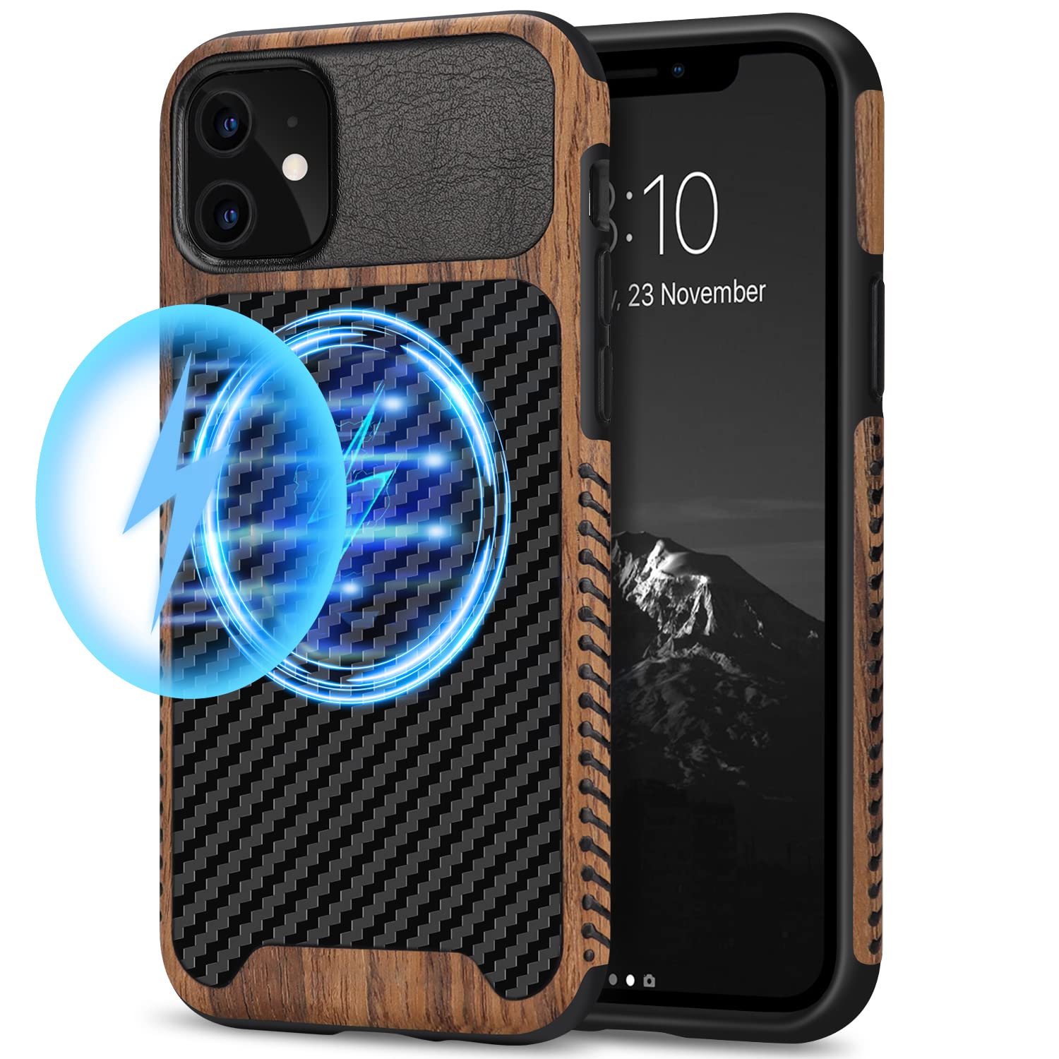 TENDLINMagnetic Phone Case Compatible with iPhone 11 Case Wood Grain with Carbon Fiber Texture Design Leather Hybrid Slim Case (Compatible with MagSafe) Black