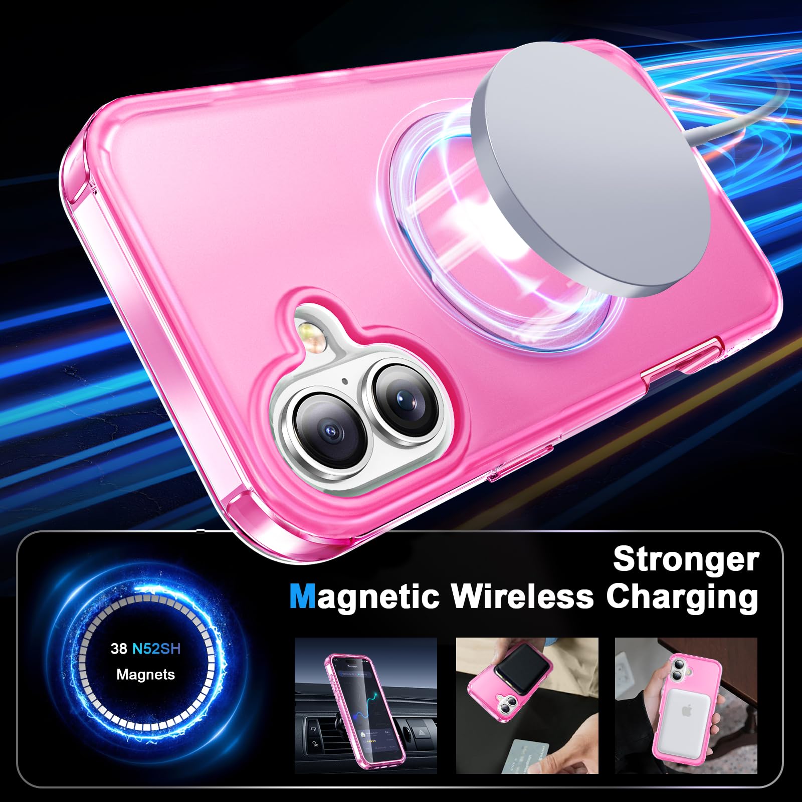 Unichthy Magnetic Case for iPhone 16 Cover with Finger Ring Holder Stand, Deep Pink - Image 3