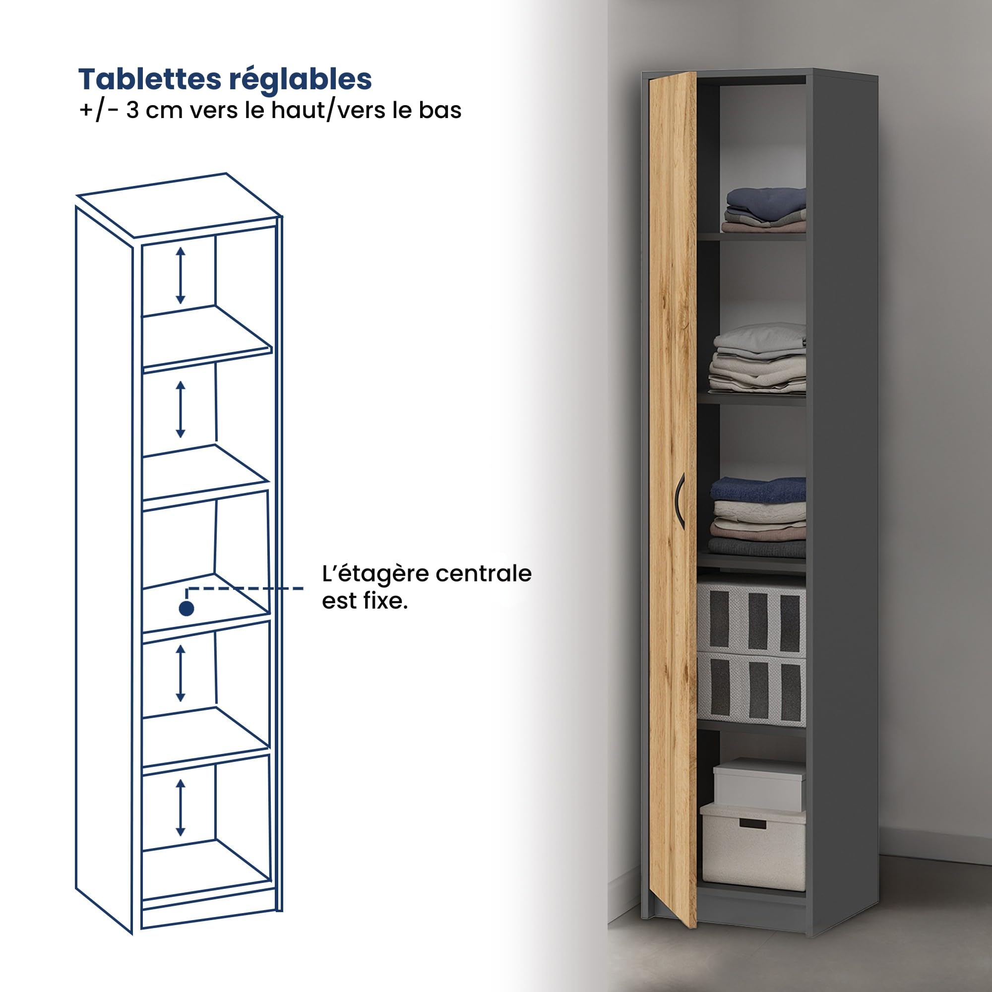 Home Collective Bibliothèque Armoire, Étagère, Meuble de Rangement Polyvalent avec 4 étagères, Armoire de Bureau| 40 x 35 x 180 cm (L x P x H) | pour Chambre, Couloir, Bureau | Anthracite chêne