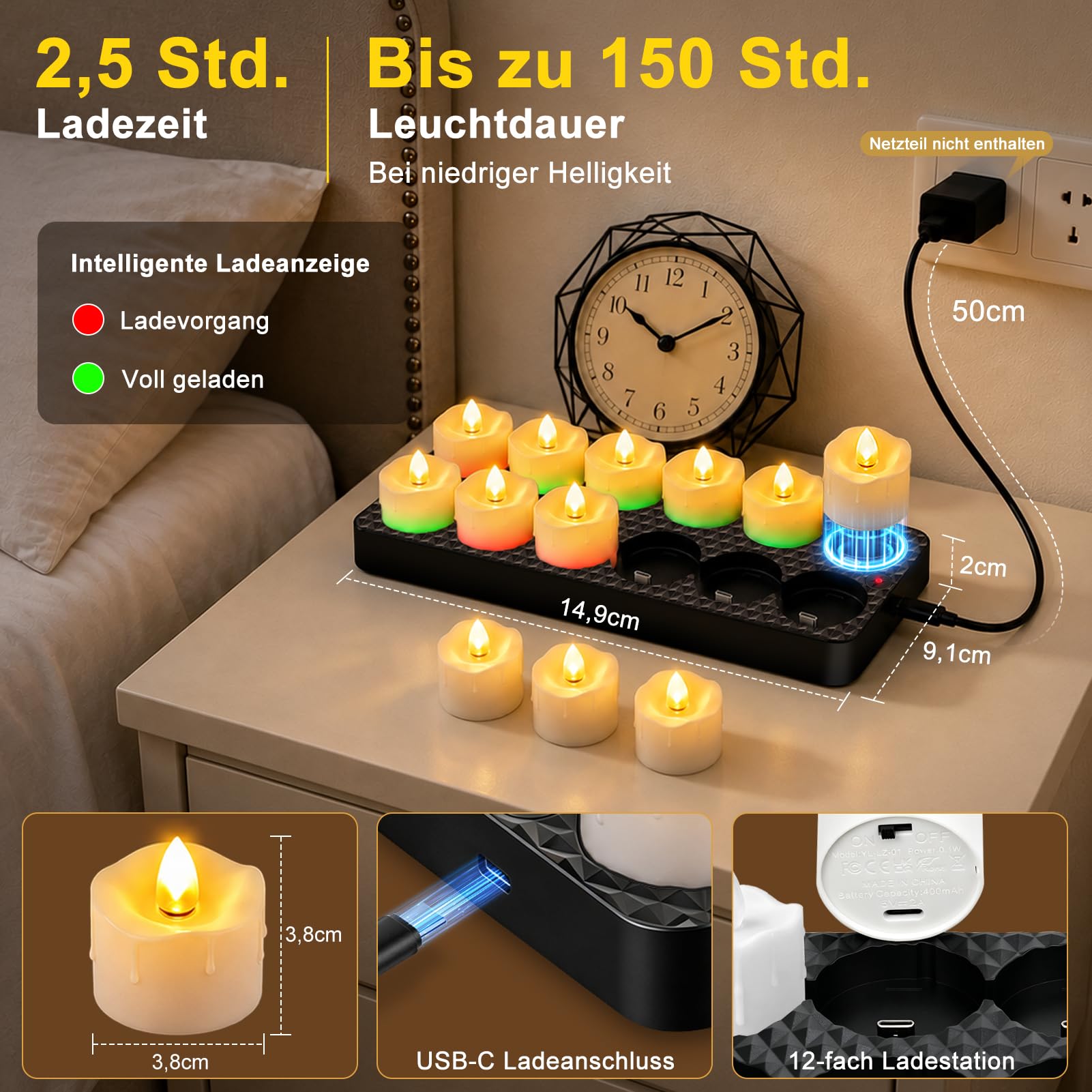 LightingWill 12er LED Teelichter Wiederaufladbar mit Ladestation, 80–150 Std. Laufzeit, Fernbedienung, 4/8H Timer, 3 Helligkeitsstufen, 4 Lichtmodi, USB-C, Flammenlose Kerzen mit Wachstropfen-Optik