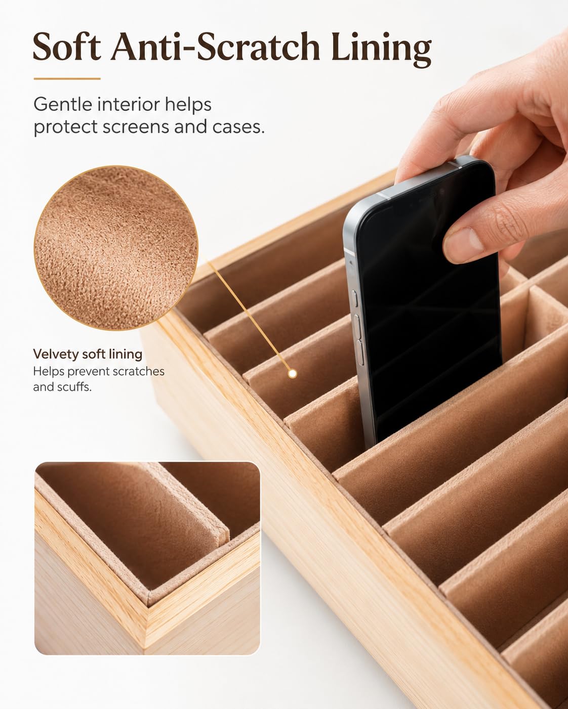 PRETYZOOM Scatola Di Immagazzinaggio In Legno Per Telefoni Cellulari A 40 Griglie Supporto Del Telefono Cellulare Da Scrivania Con Fodera In Peluche Vassoio Organizzatore Rettangolare Per