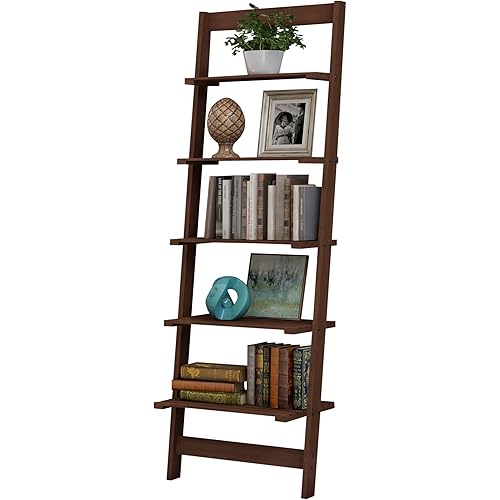 5-Tier Ladder Shelf - 50-Inch Narrow Leaning Bookshelf - Wooden Bookcase for Living Room, Bathroom, Kitchen, Office, or Bedroom Furniture by Lavish Home (Walnut)