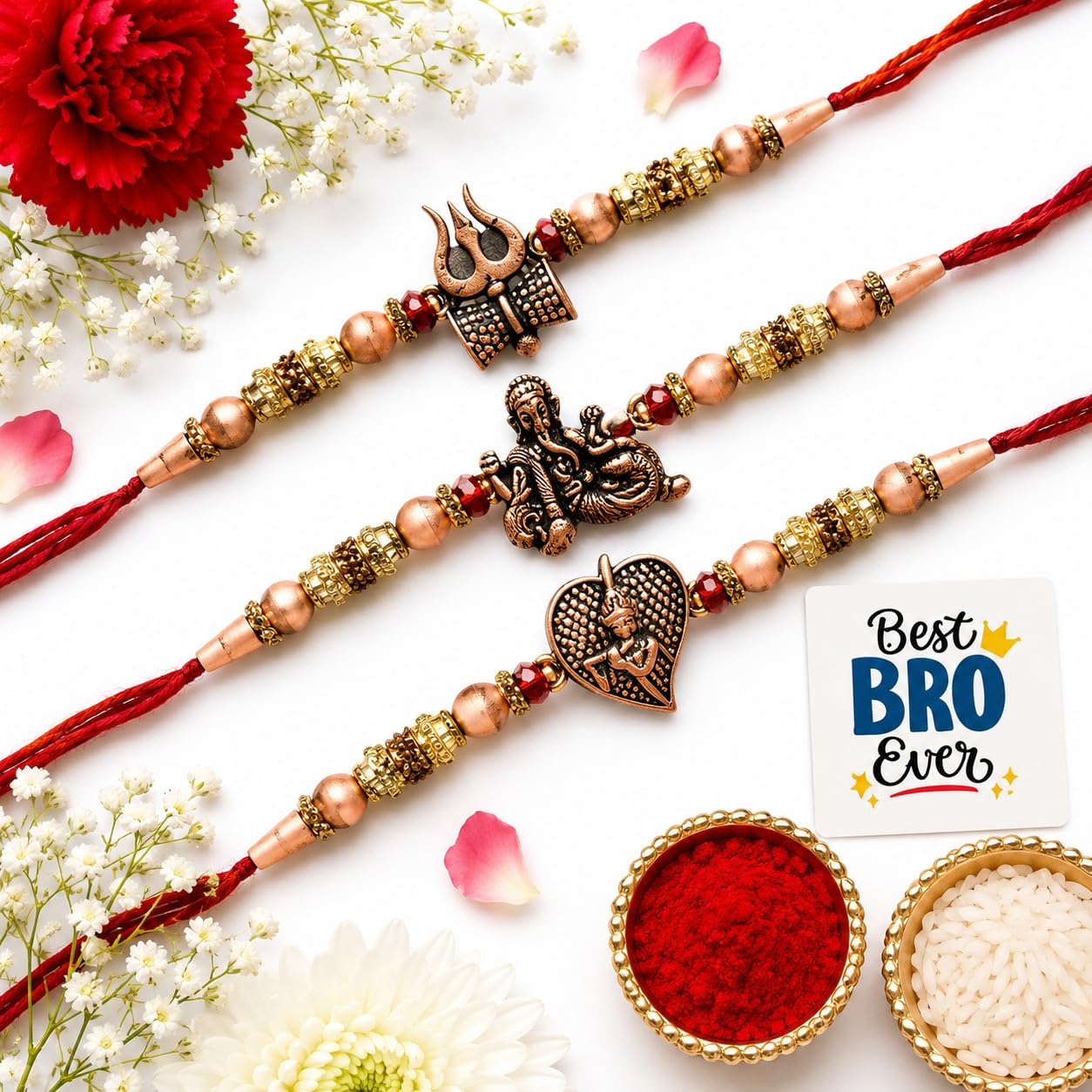 eCraftIndia Set of 3 Red & Golden Trishul with Damru, Lord Ganesha, & Lord Krishna Playing Flute Religious Rakhis with Roli Chawal Pack and Best Bro Ever Fridge Magnet discount deal