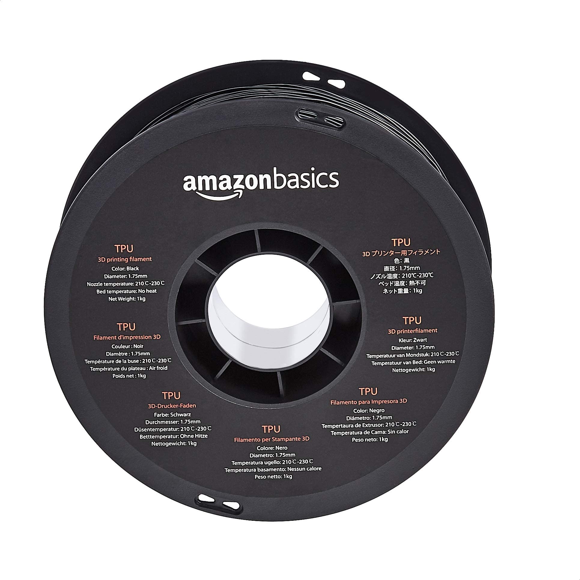 Amazon Basics Filamento per stampanti 3D, in poliuretano termoplastico (TPU), 1.75 mm, nero, bobina da 1 kg (Confezione da 2)