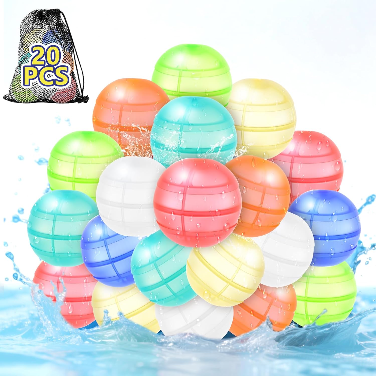 20 PCS Reusable Water Balloons for Kids Refillable Silicone Water Balloons Quick Fill Self Sealing Water Balls Toys Splash Ball Water Bomb Outdoor Summer Beach Pool Toys Games for Kids Adults Teens