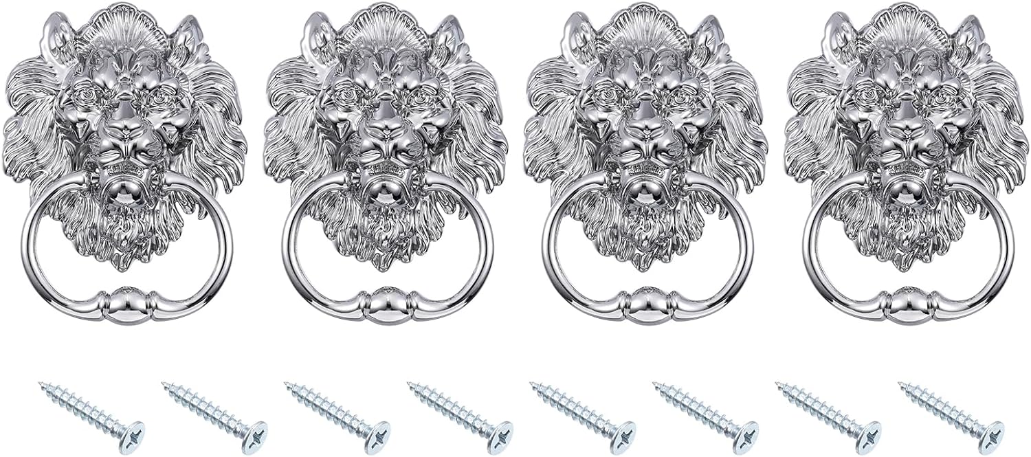 uxcell 4 Pcs Lion Head Pulls Knob, 6 Inch Zinc Alloy Vintage Lion Door Handle Decorative Front Door Knob Ring Pull Handle for Gate Cabinets Drawers, Silver