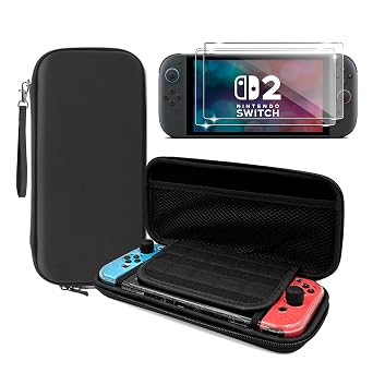 Fhyeugfy Case for Nintendo Switch 2 with [2 PACK] Tempered Glass Screen Protector,7.9 Inch,Hard Portable Travel Carrying Case with Pockets for Accessories and Games-Black