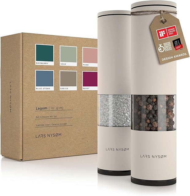 LARS NYSØM Salt and Pepper Mills Set Stainless Steel with Adjustable Ceramic Grinder 2 pieces I Design Spice Mills Set Manual (Buttercream)