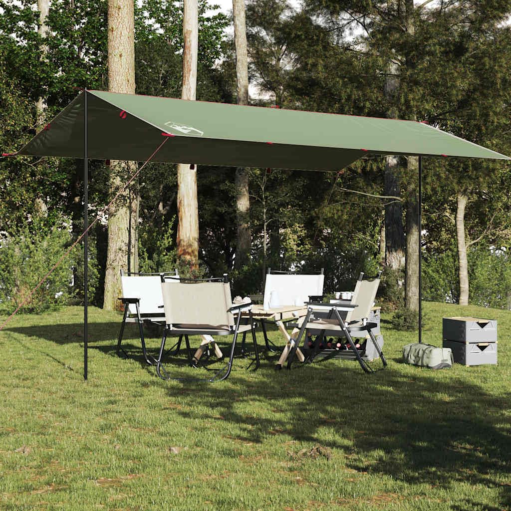 Bâche d'extérieur imperméable verte 300 x 294 cm en taffetas avec revêtement PU, polyvalente comme auvent de camping ou bâche de sol, légère et pliable avec sac de transport.