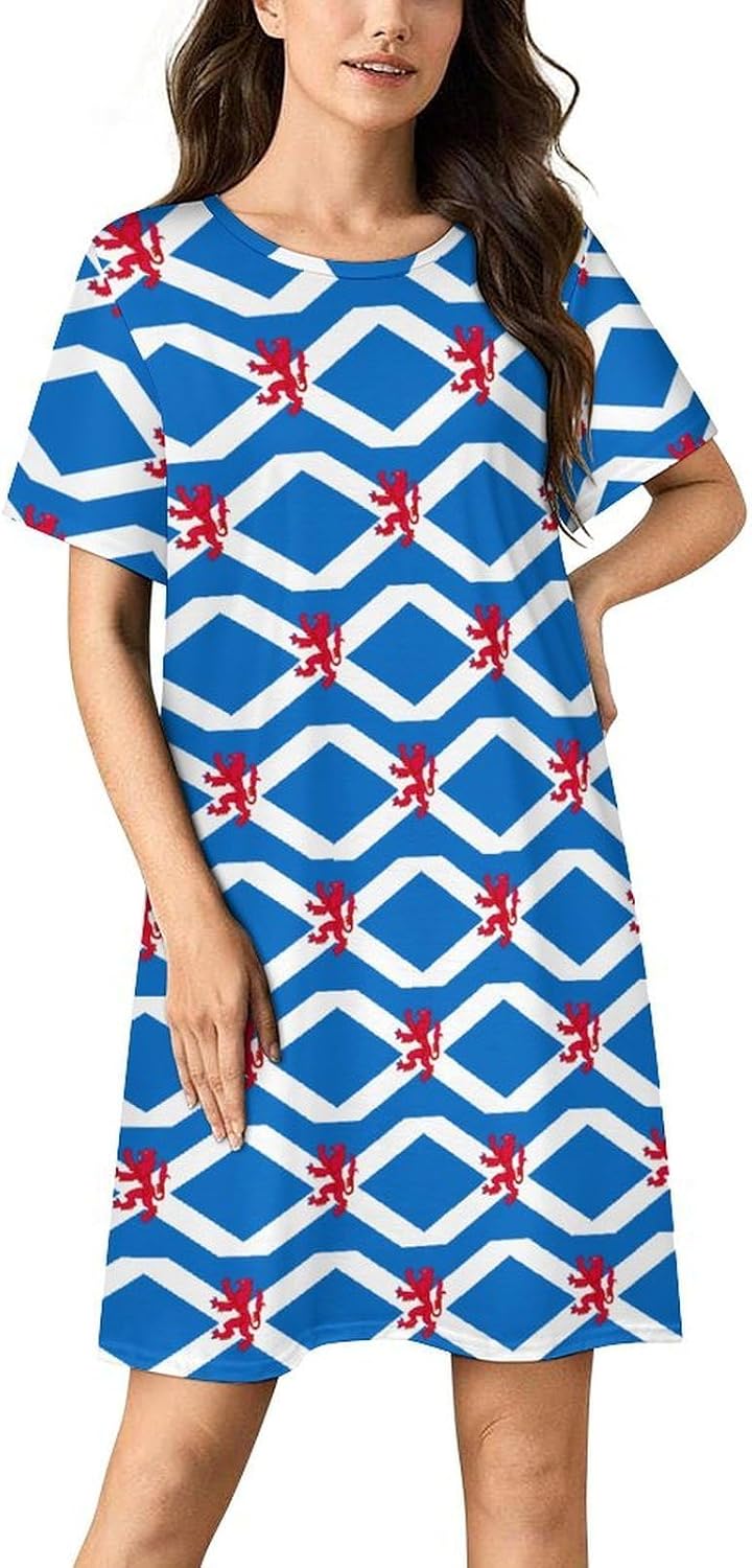 Flag of Scotland with Lion Rampant Nightgowns for Women Short Sleeve Sleep Dress Casual Sleepshirt Night Gowns Pajamas