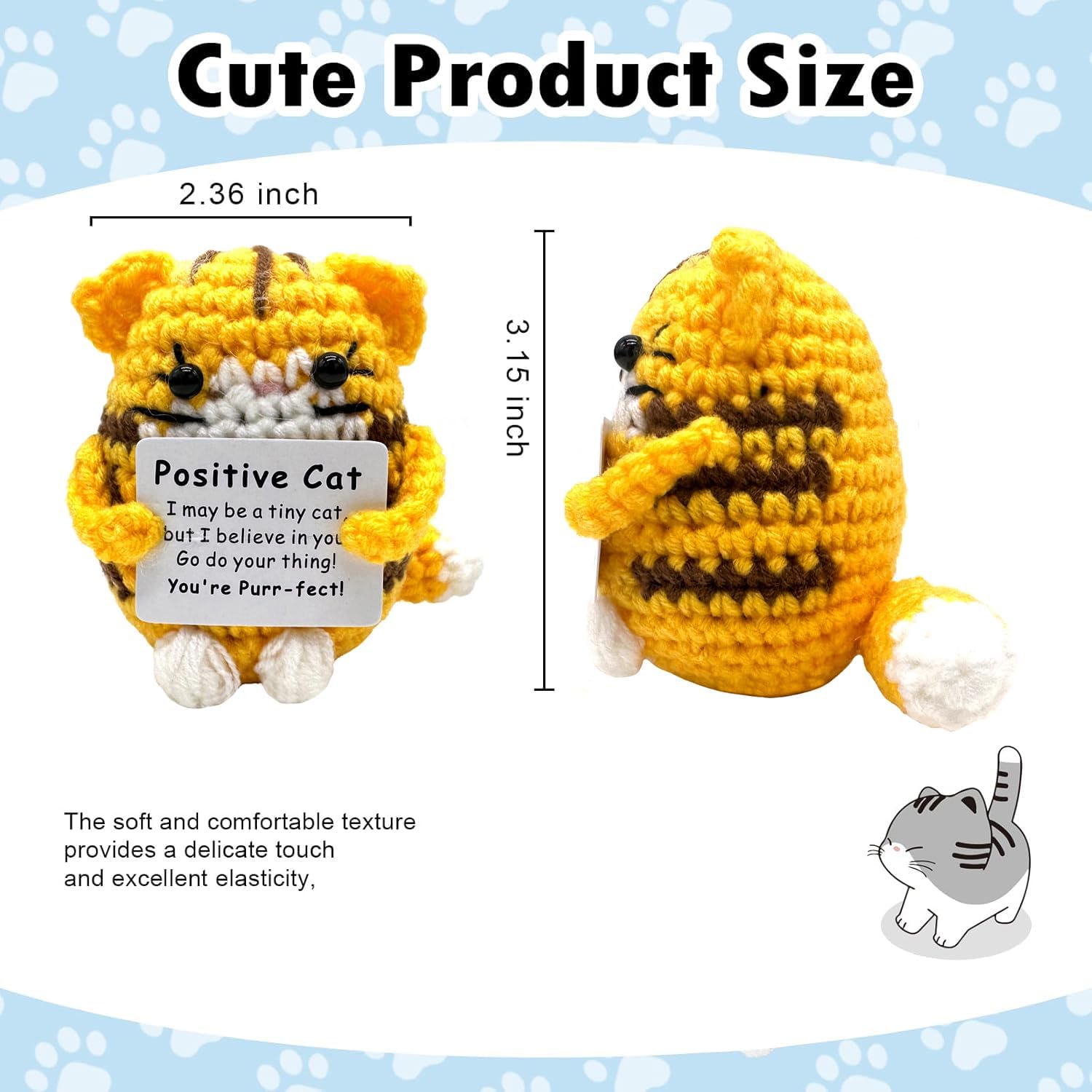 Wanty Positive Cat, Knitted Emotional Support Animal, Handmade Crochet Cats with Positive Cards, Cute Funny Motivational Gifts for Friends/Family, Home & Office Decor (Yellow) image 3