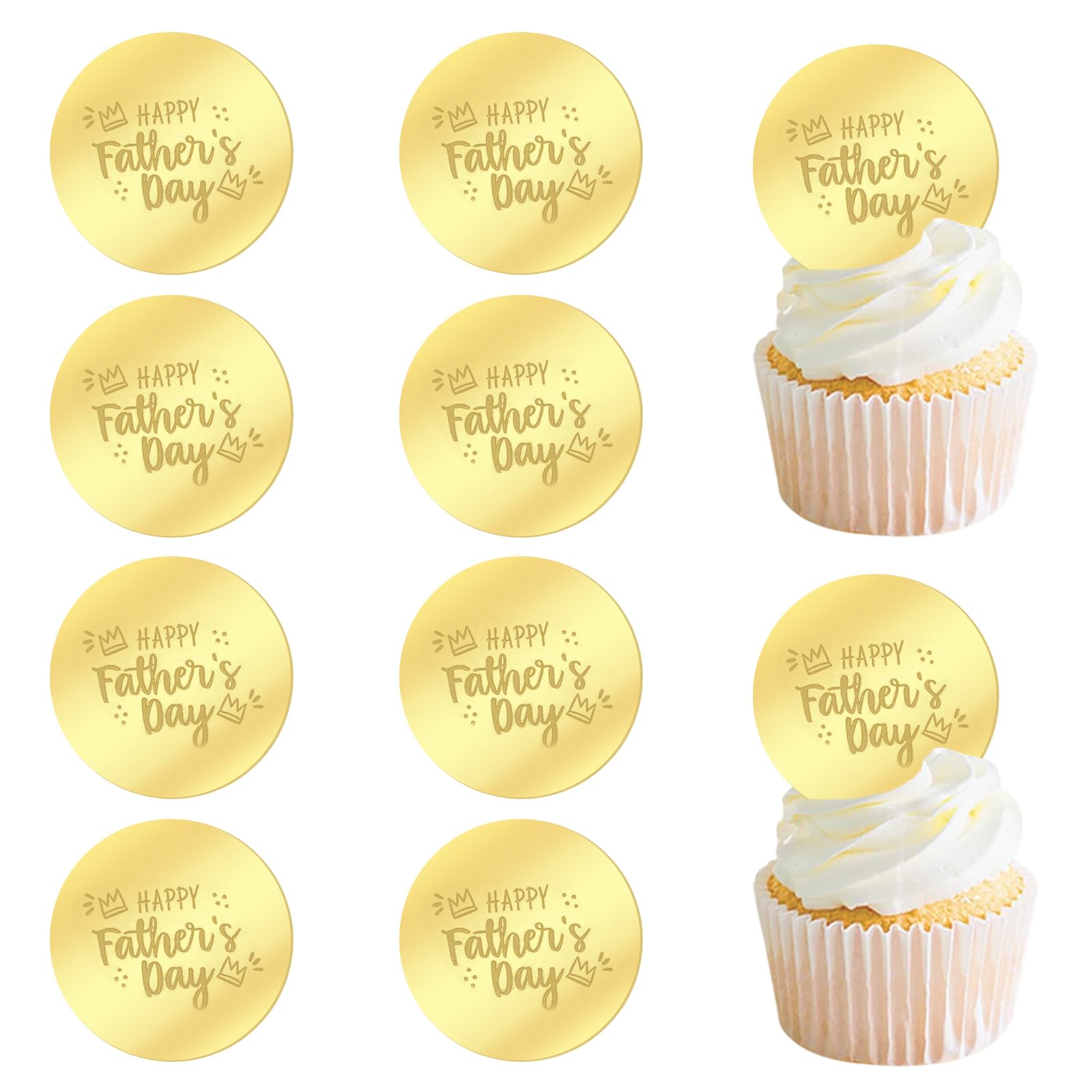 10 Pcs Happy Father's Day Cupcake Toppers Acrylic Mirror Round Engraved Father's Day Cake Topper for Birthday Dads Day Party DIY Cupcake Decoration
