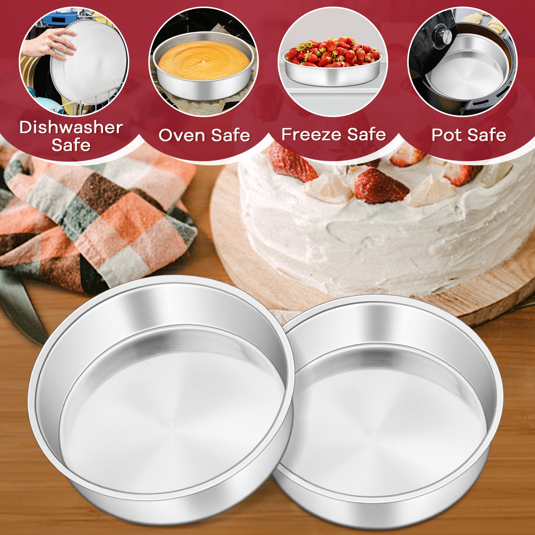 Joyfair Set di 3 teglie rotonde da 20 cm, in acciaio inox, per arrostire pane, torte, brownie, finitura a specchio e lavabili in lavastoviglie, design monopezzo e profondità 5 cm (20 cm