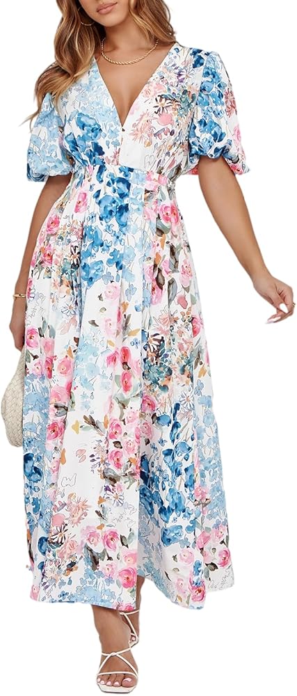 Maxigerui Women's Summer Floral Maxi Dress Spring Wedding Guest Dress 2026  Pink Blue Multi Floral S at Amazon Women's Clothing store