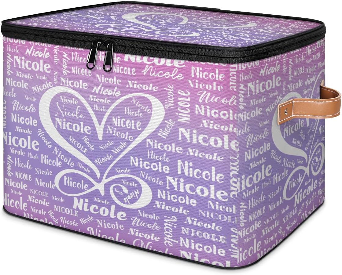 Custom Storage Bins with Zipper Lids - Personalized Heart Storage Box - Foldable Fabric Organizer Basket Keepsake Box with PU Leather Handles White for Home,Closet,Decorative Pink White Name