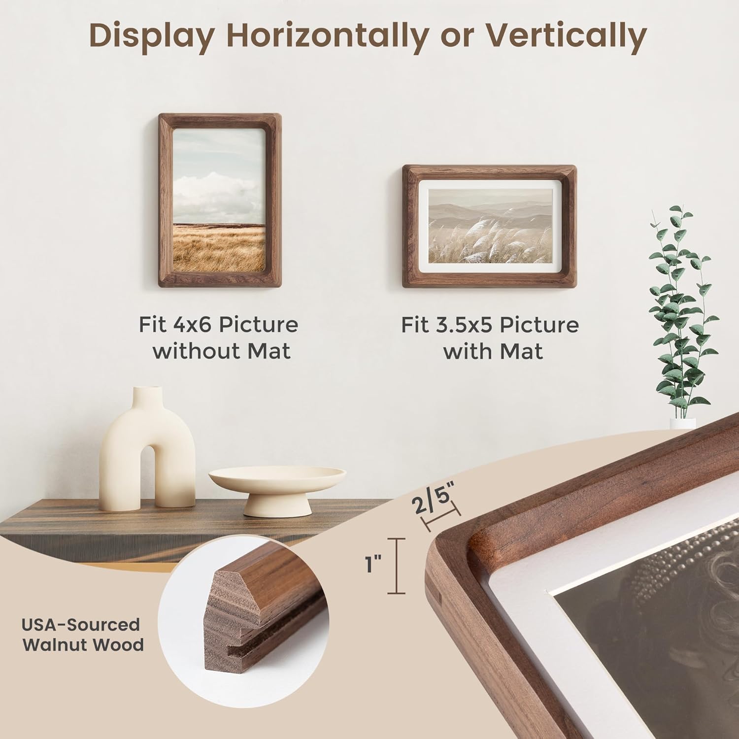 4x6 Picture Frame Set of 2, USA-Sourced Walnut Wood Photo Frames with HD Tempered Glass, Handcrafted Rounded Corner 4 x 6 Wooden Frame Matted to 3.5x5 Photos, 4x6 Frames, Tabletop or Wall Display