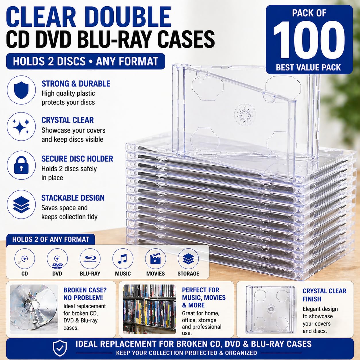 Dragon Trading Lot de 100 boîtiers transparents double CD DVD Blu-ray pour protéger vos disques – Peut contenir 2 disques de n'importe quel format