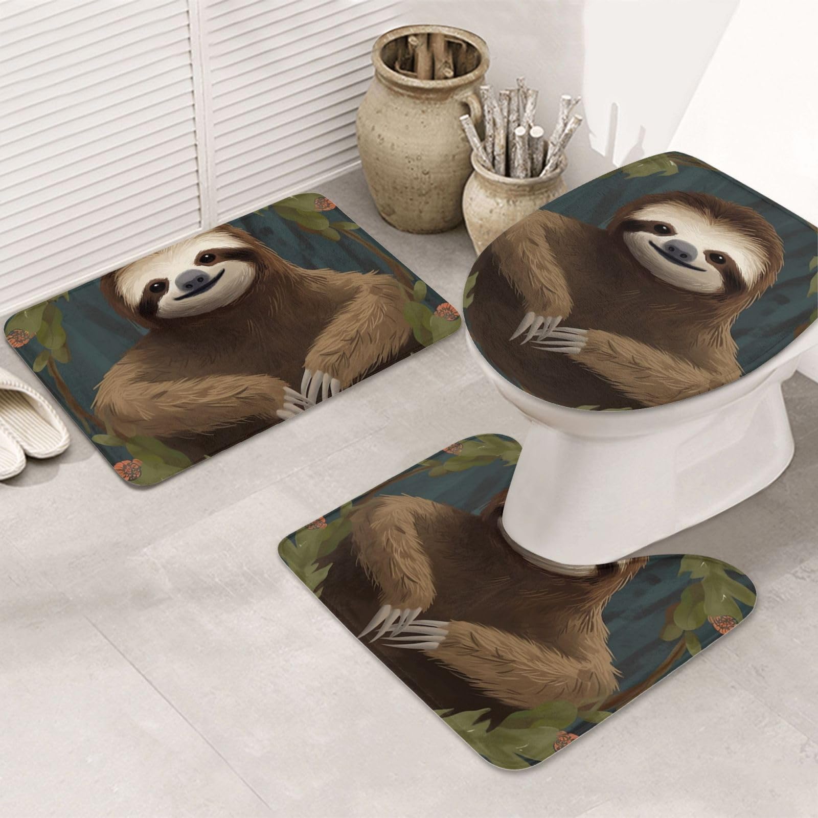 Dwrepo Sloth Print Bathroom Rug Set 3 Piece with Non-Slip U-Shaped Contour Mat and Toilet Lid Cover for Bathroom Decoration