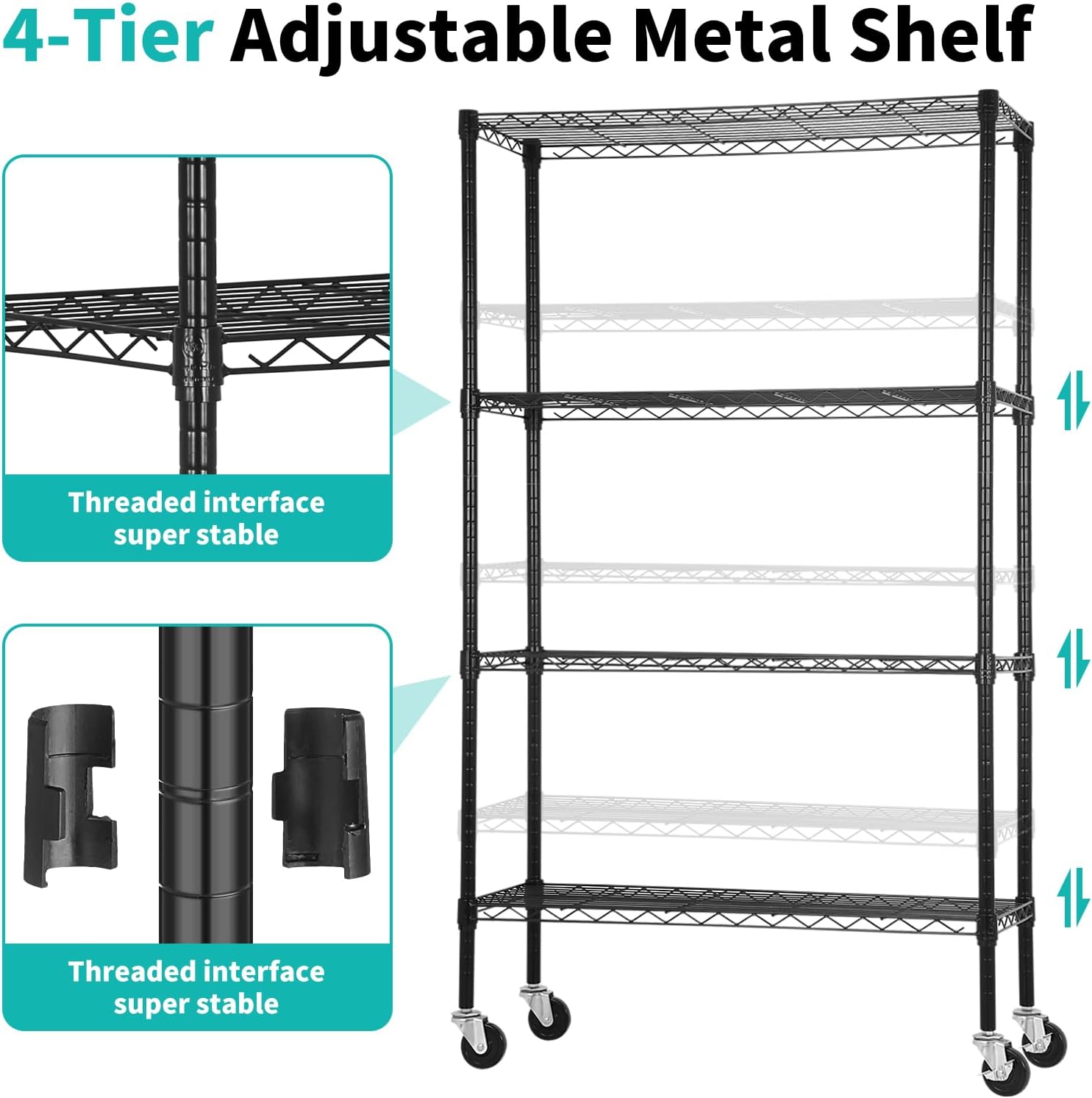 Storage Shelves with Wheels, Heavy Duty 4 Tier Garage Storage Rack, Adjustable Wire Shelving Unit, Metal Shelf Organizer for Pantry, Kitchen, Basement, 36" W x 14" D x 62" H, Black