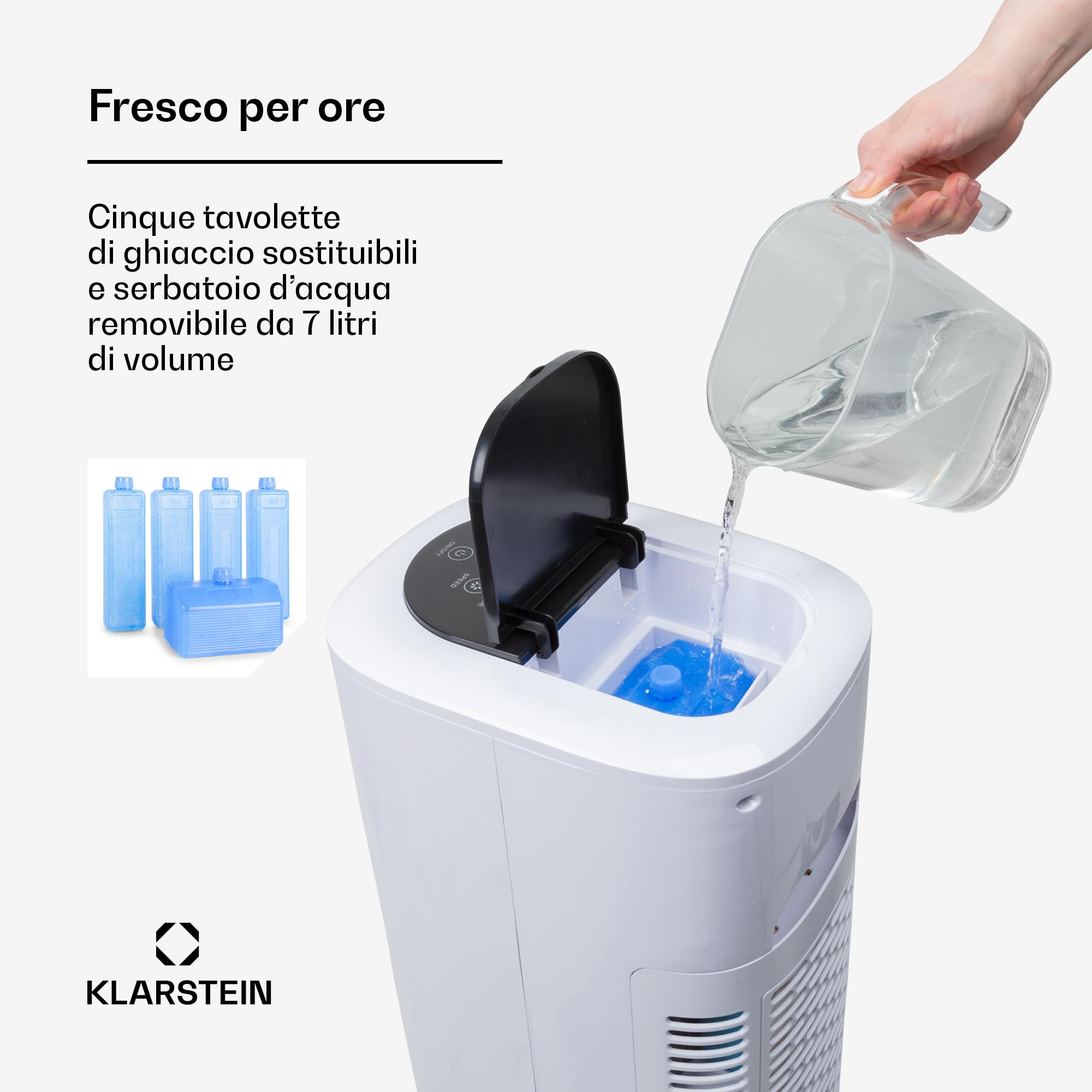 Klarstein Polar Tower Smart Raffrescatore Evaporativo 4-in-1 – Ventilatore, Umidificatore & Purificatore, Controllo App & Alexa, Serbatoio 7L, 3.306 m³/h, Timer, Modalità Notte, Portatile, Bianco