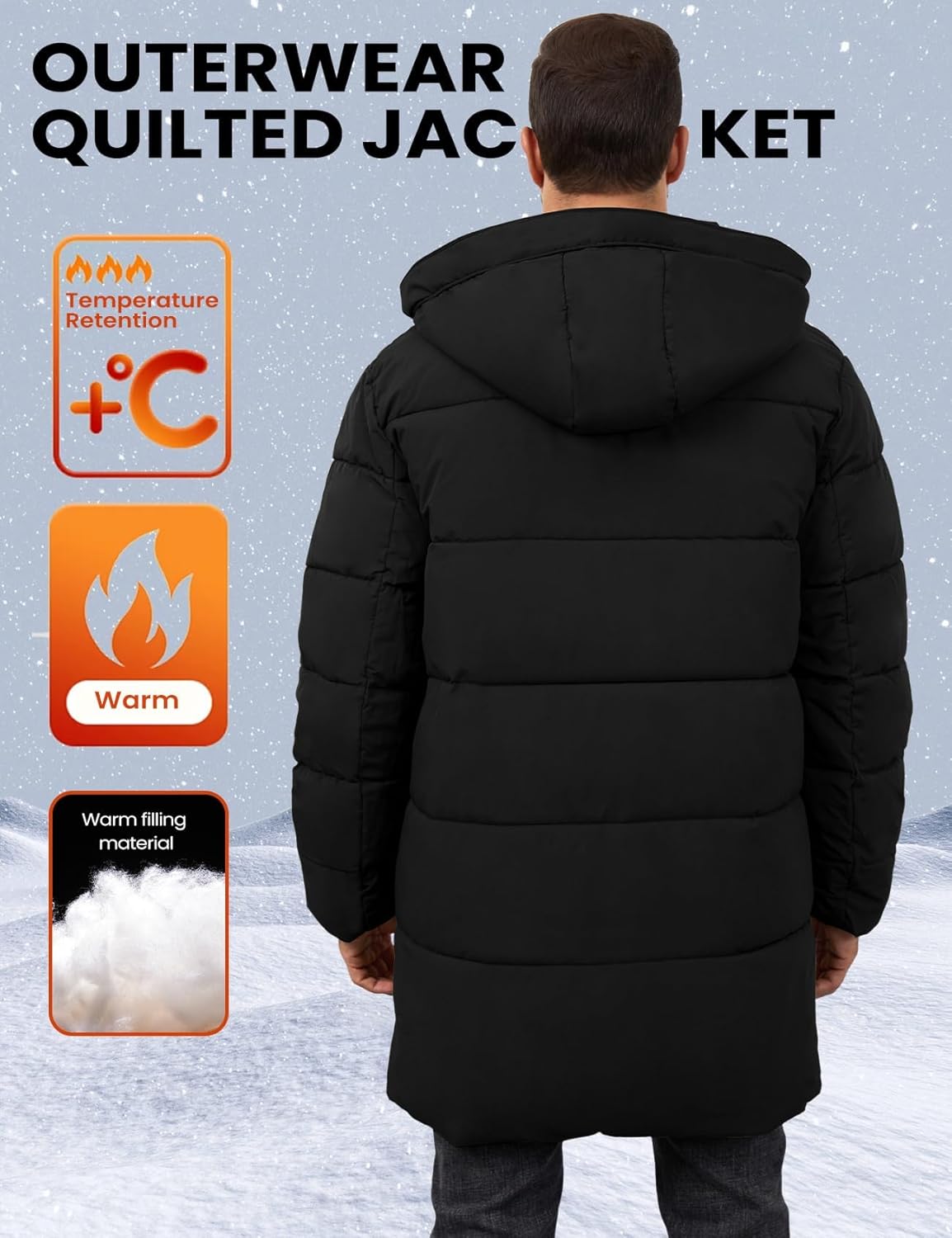 Gihuo Mens Long Puffer Jacket Winter Warm Hooded Outerwear Quilted Jacket Zip Up Padded Coats Outerwear - Image 7