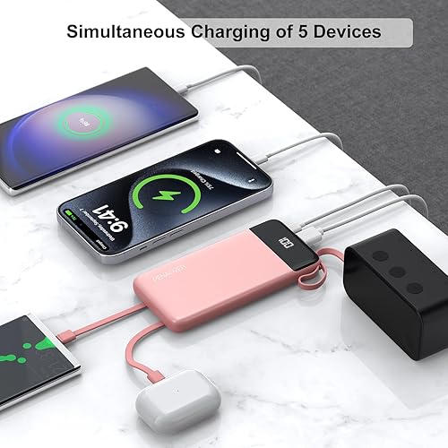 Miniatura 4 de Cargador portátil de 10000 mAh con cable incorporado, 5 salidas y 2 entradas, paquete de batería externa esencial de viaje con pantalla LED