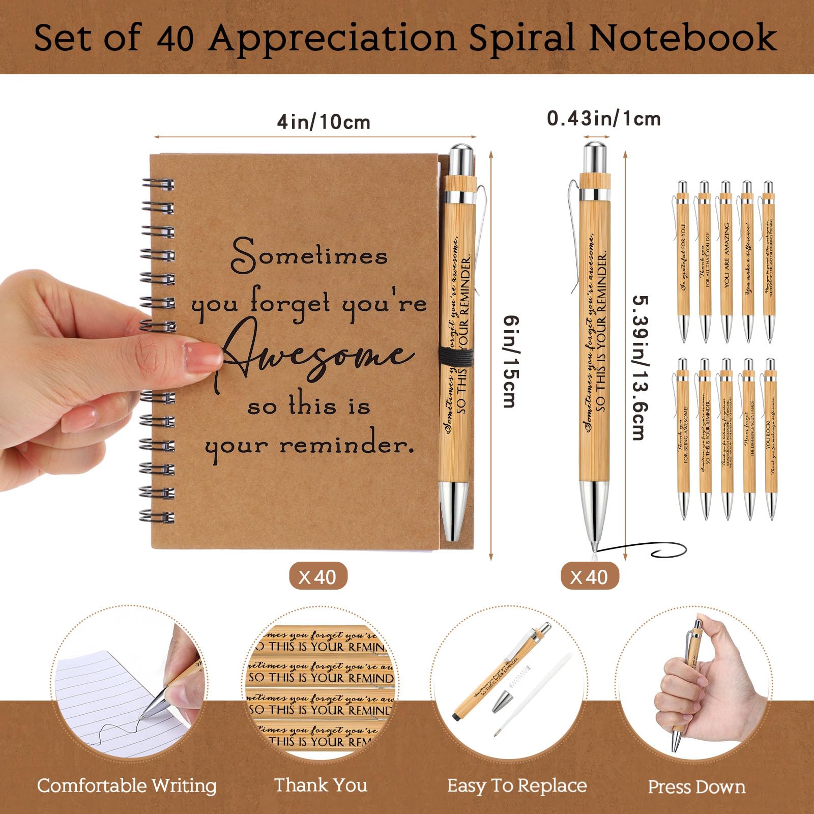 Honoson Set di 40 quaderni a spirale, regali di apprezzamento dei dipendenti, diari ispiratori con penne retrattili in bambù incoraggiamento, blocco note di ringraziamento, per personale, insegnante