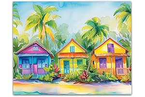 Vibrant Coastal Island Paradise Watercolor Painting
