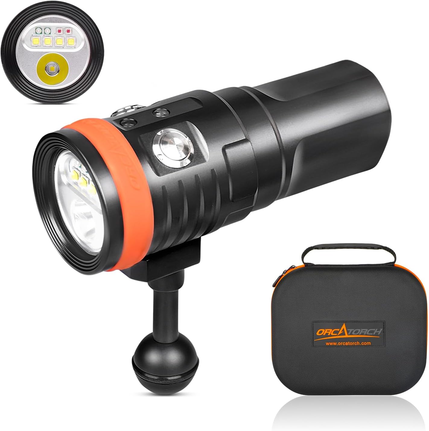 ORCATORCH D900V Underwater Video Dive Light - 2200 Lumens with 4 Colors, Red, UV, Neutral White 120° Flood Beam & Cool White 8° Spot Beam, Dual Titanium Alloy Switch, Battery Indicator for Photography