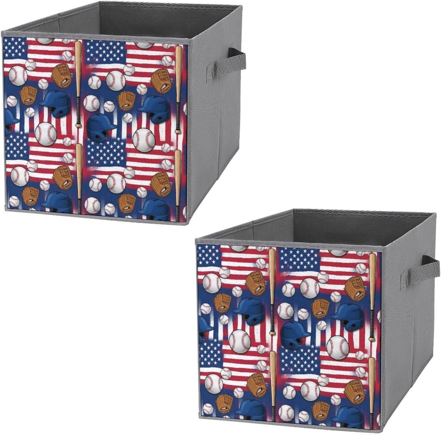 Compact Storage Basket, Baseball American Flag, Collapsible Organizer Bin with Handles, Versatile Storage Container for Home