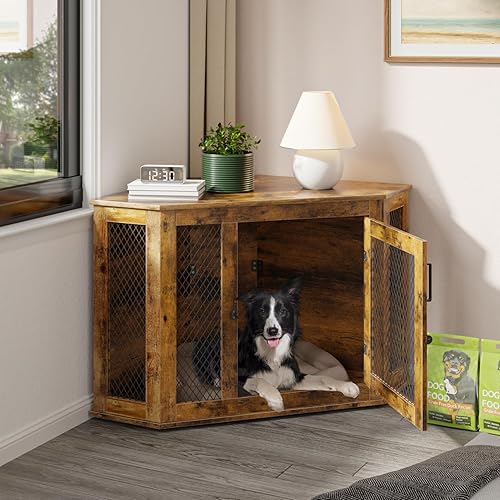 Miniatura 7 de PUKAMI Muebles de jaula de esquina para perro, muebles de madera para perrera de 4452 pulgadas con malla, casa decorativa de madera para uso en