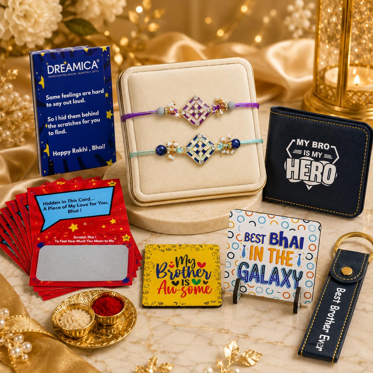 Dreamica Designer Set of 2 Rakhi, Wallet, Keychain, Fridge Magnet, Standee Showpiece, Set of 8 Scratch Cards, Greeting Card and Tilak Set | Best Rakhi Gift for Brother