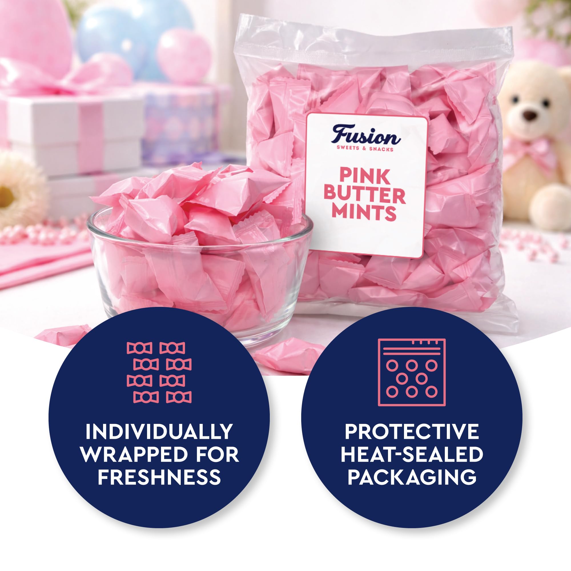 Pink Buttermints, 100 unidades, envueltos individualmente, dulces para baby shower | Sabor clásico a menta mantecosa, ideal para revelaciones de género, bolsas de golosinas y fiestas de bienvenida para bebés