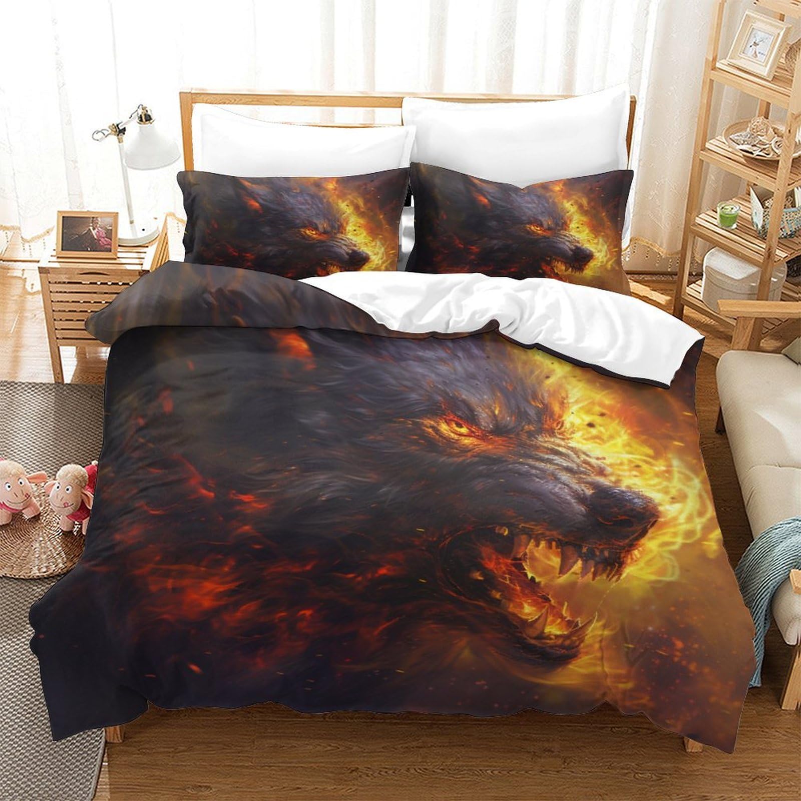 Housse de couette loup en microfibre thermorégulatrice et anti-plis