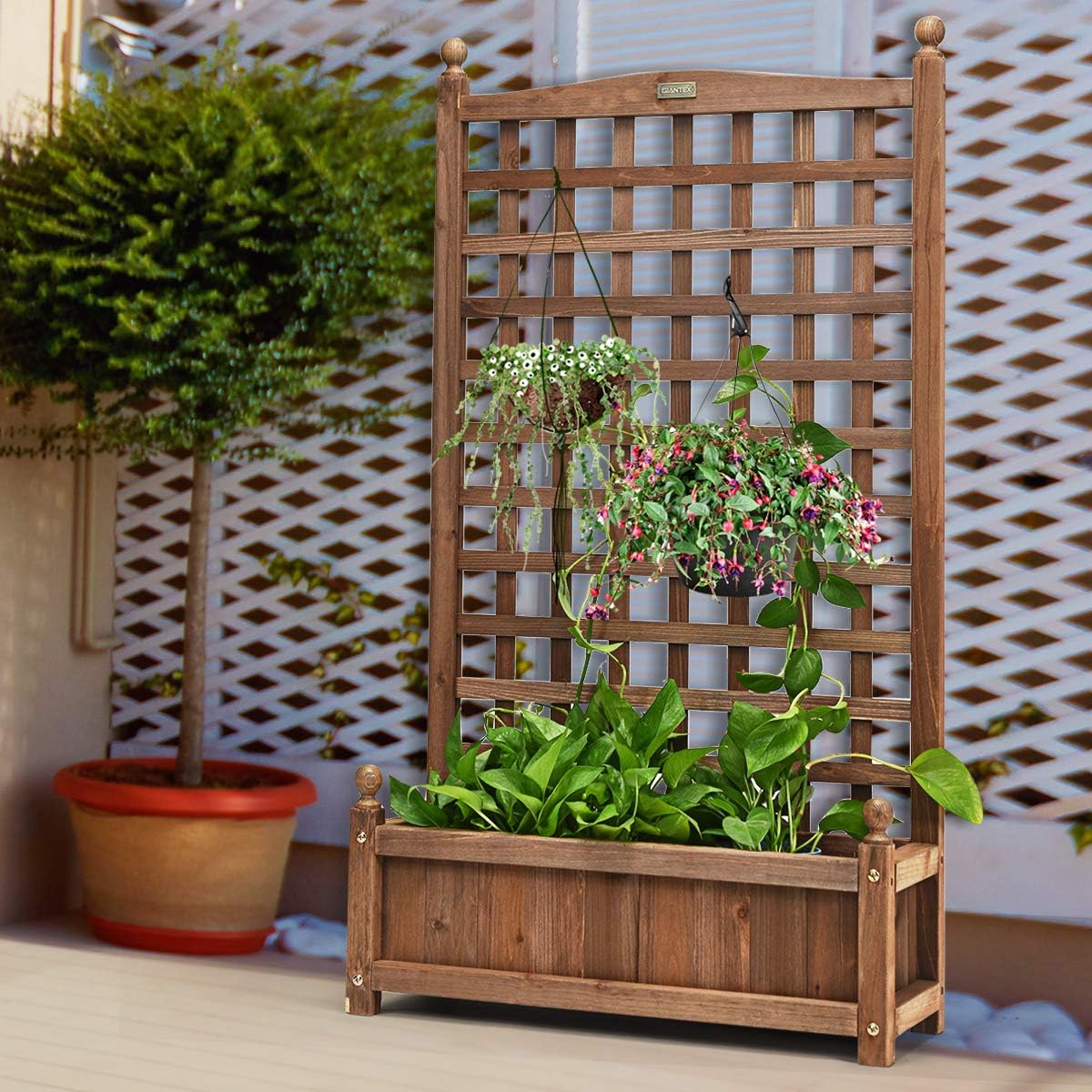 Giantex Wood Planter Free Standing Plant Raised Bed with Trellis for Garden or Yard (11" Dx25 Wx48 H)