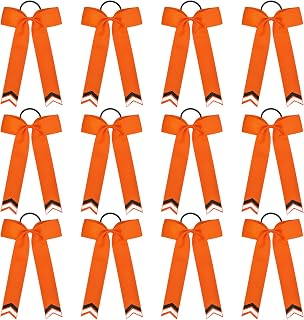 DEEKA 12PCS Collegiate Style Cheer Bows with Glitter Chevrons Tail Skinny College Cheerleader Ponytail Holder for Volleyball Softball Girls (Orange/Black/White)