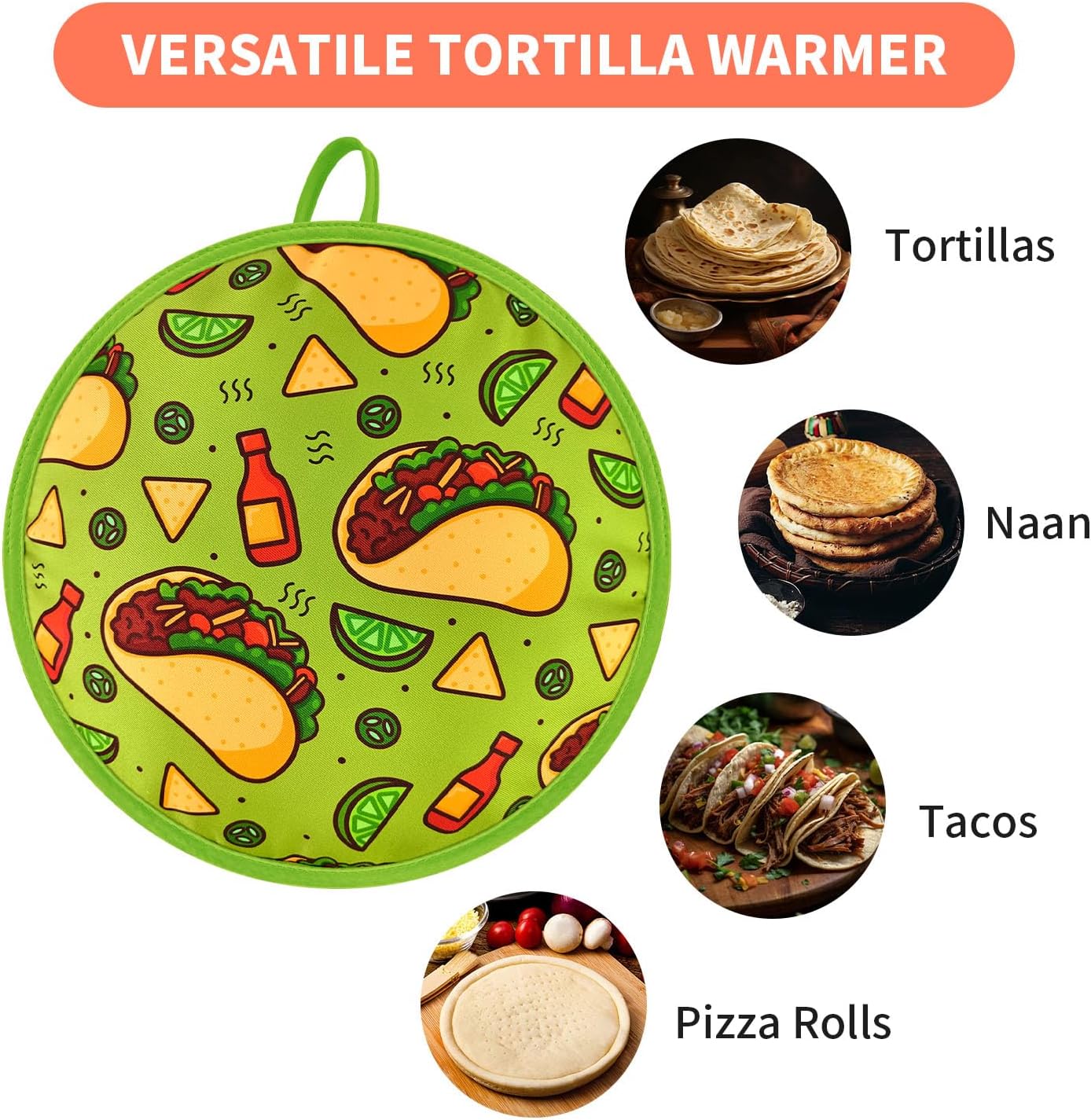 ABCKEY 12 Inch Zippered Fabric Tortilla Warmer Pouch to Keep Food Warm for Tortillas, Tacos, Naan and Pizza Rolls up to One Hour