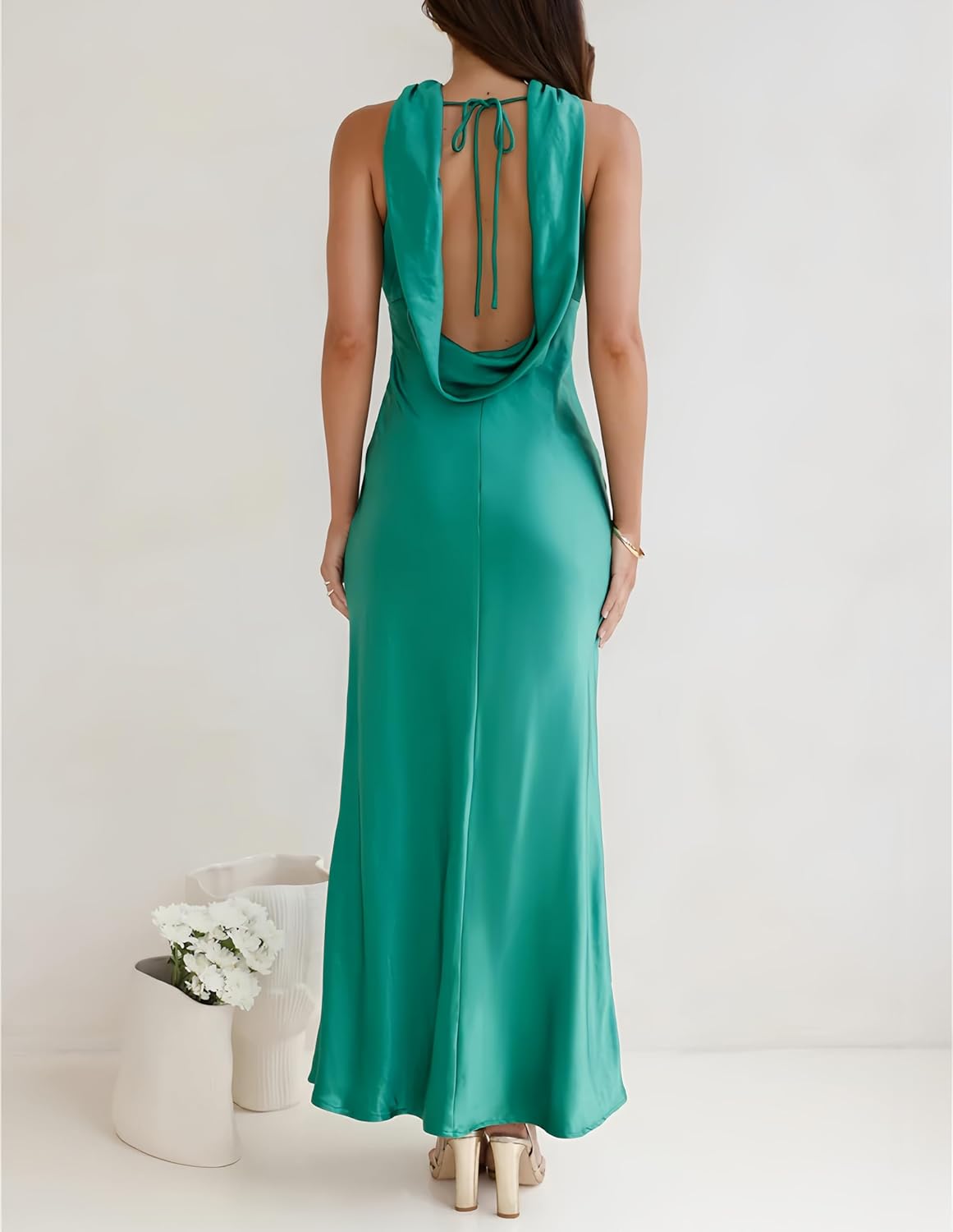 Satin Cutout Halter Neck Midi Dress Silk Sexy Sleeveless Backless Empire Waist Formal Dresses for Wedding Guest - Image 2