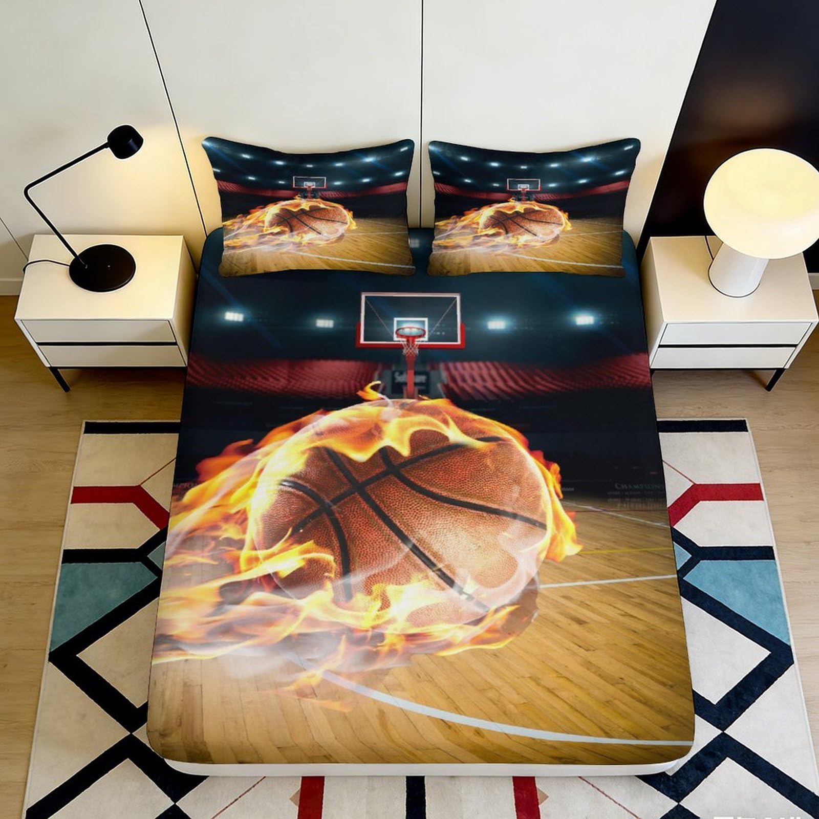 3D Printed Basketball Stadium Fitted Sheet Microfiber Orange Flame Bed Cover for Bedroom Dorm Mattress Decor 90x200x25cm