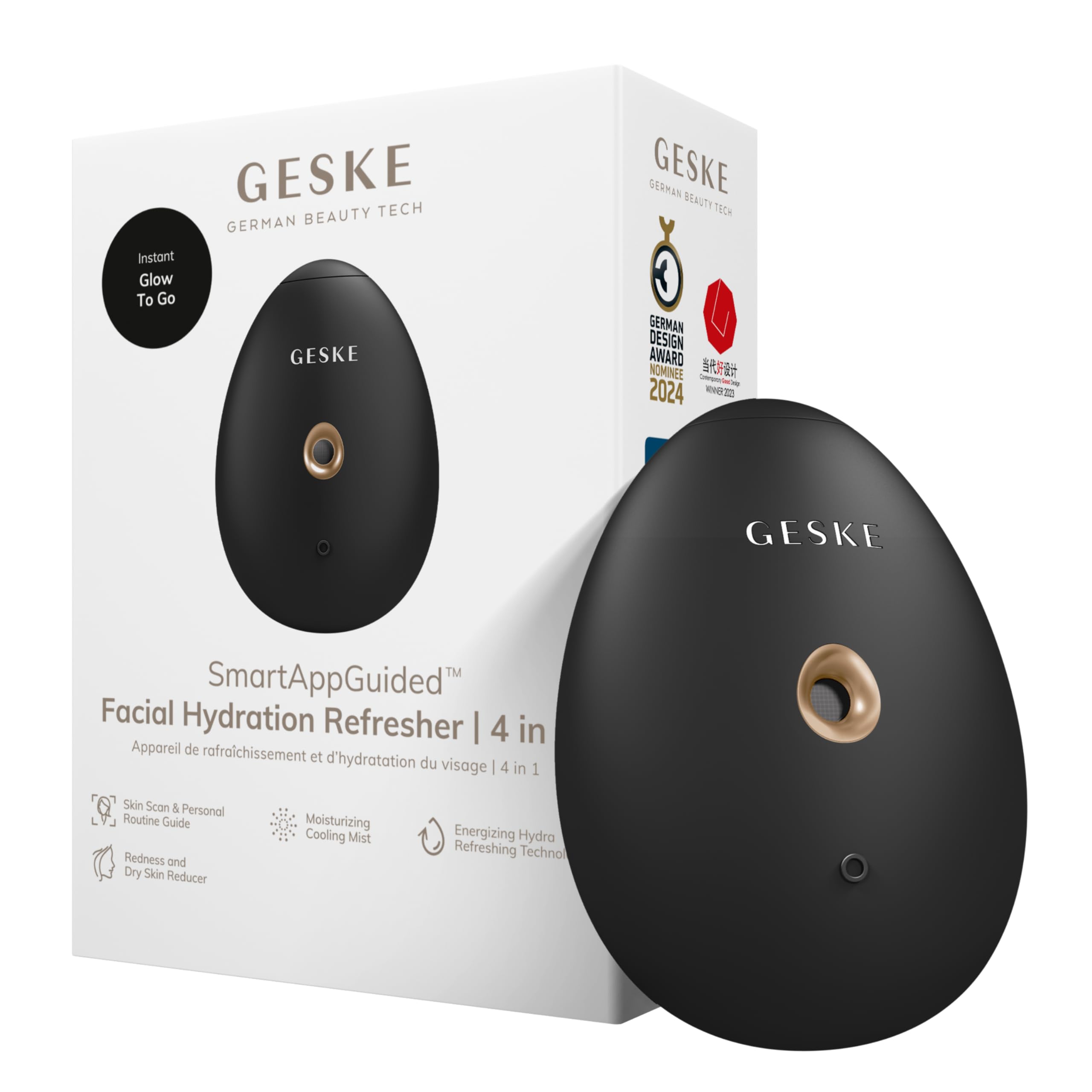 GESKE | SmartAppGuided™ Facial Hydration Refresher | 4 in 1 | Wasserzerstäuber | Gesichtsdampfer | Wasserspray | Face Mister | Gesichtsreinigungsgerät | Sprühnebler | Kosmetik | natürlicher Glow