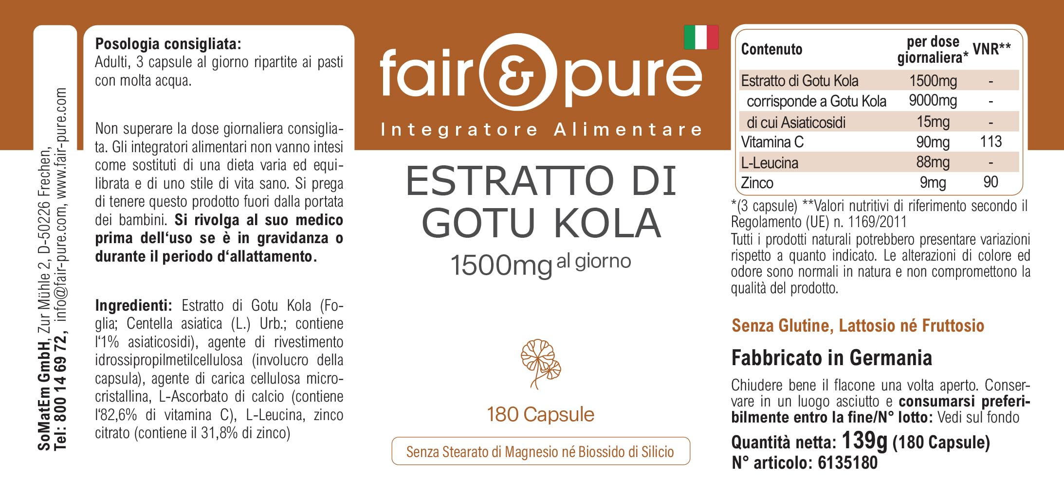 Fair & Pure® - Estratto di Centella asiatica 1500mg - 180 capsule - Centella asiatica - con vitamina C e zinco - vegano - altamente dosato