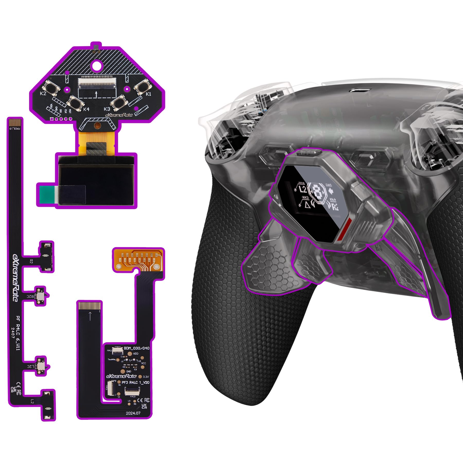 eXtremeRate Spark Paddle Kit per ps5 Controller BDM-030 040 050 060, Display OLED&Clicky Trigger Stop&Grip Ergonomici, 4 Tasti Posteriori Rimappabili per ps5 Joystick, Trasparente Nero&Nero
