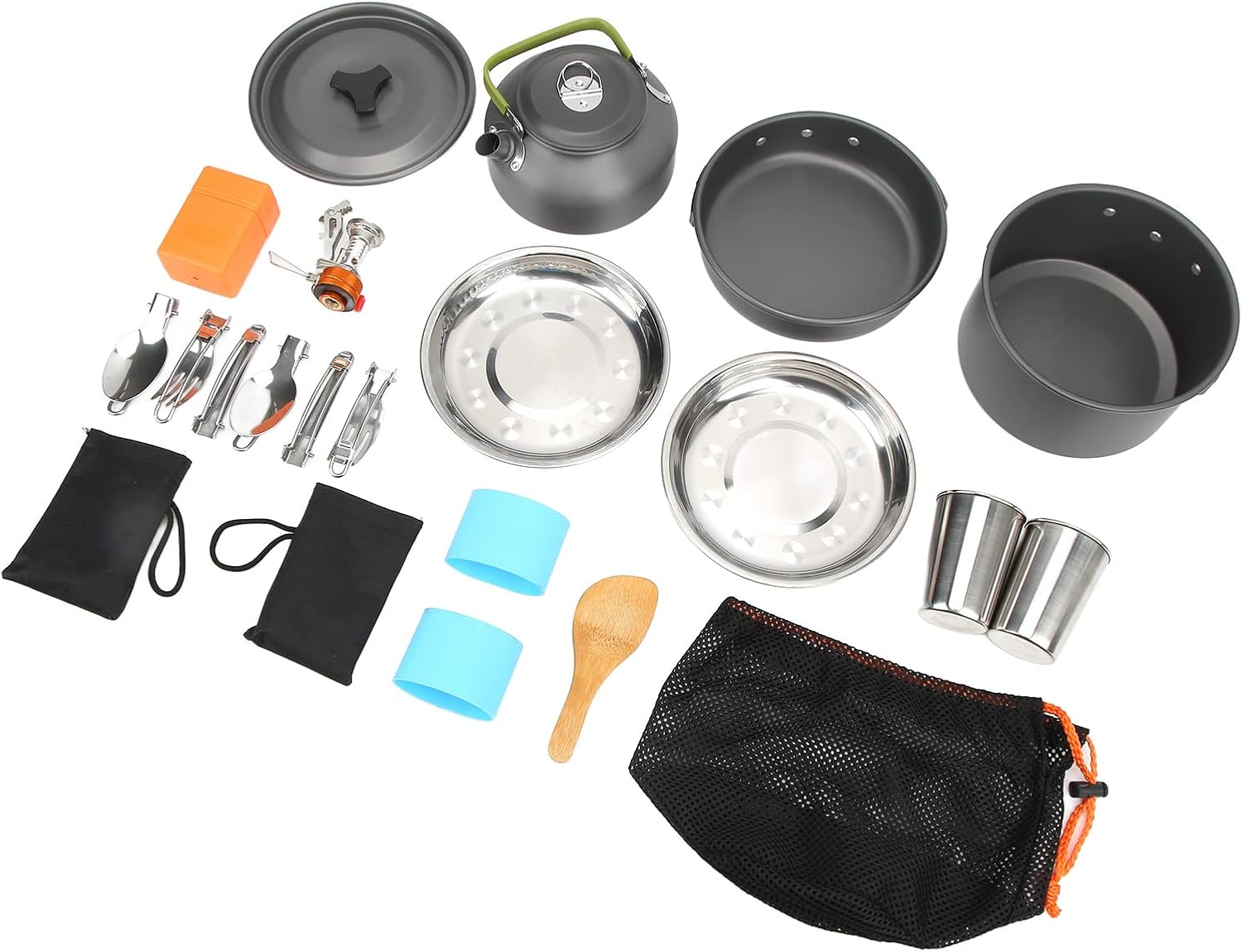 Camping Cookware Mess Kit with Lightweight Pot Stove Spork and Carry Mesh Bag for Backpacking Outdoor Camping Hiking